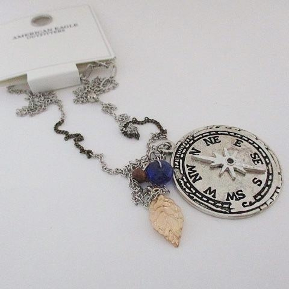 American Eagle Boho Silver Compass Pendant Necklace with Blue and Gold Accents